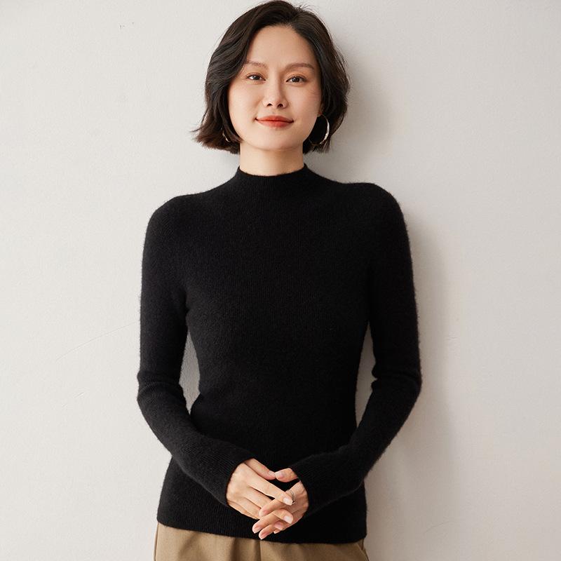 Women's Ribbed Cashmere Half-High Neck Sweater - 2024 Autumn/Winter Tight-Fit Knit Base Layer