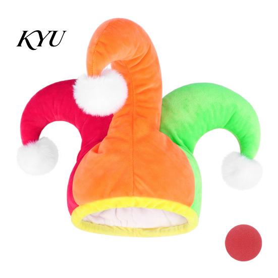 One Size Fits Most Clown Gear Flannel Hat with Red Nose for Halloween & Costume Party, Plush Versatile Novelty Event Gift Three Color Blocked Headwear