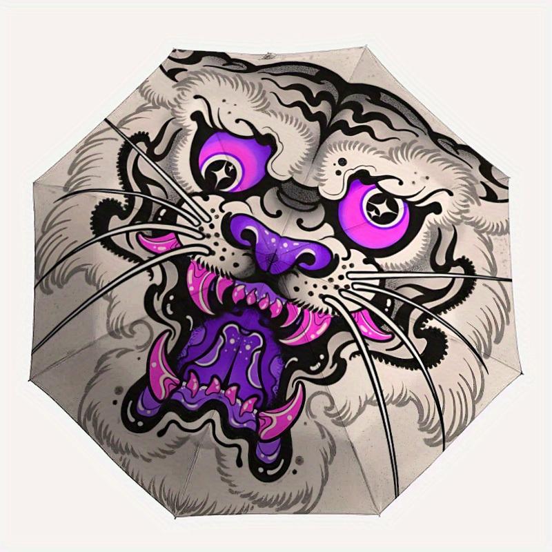 1pc Tiger Face Automatic Open/close Folding Compact Umbrella, 8-Rib Sturdy Canopy, Lightweight Portable, Everyday Use, Gift,116