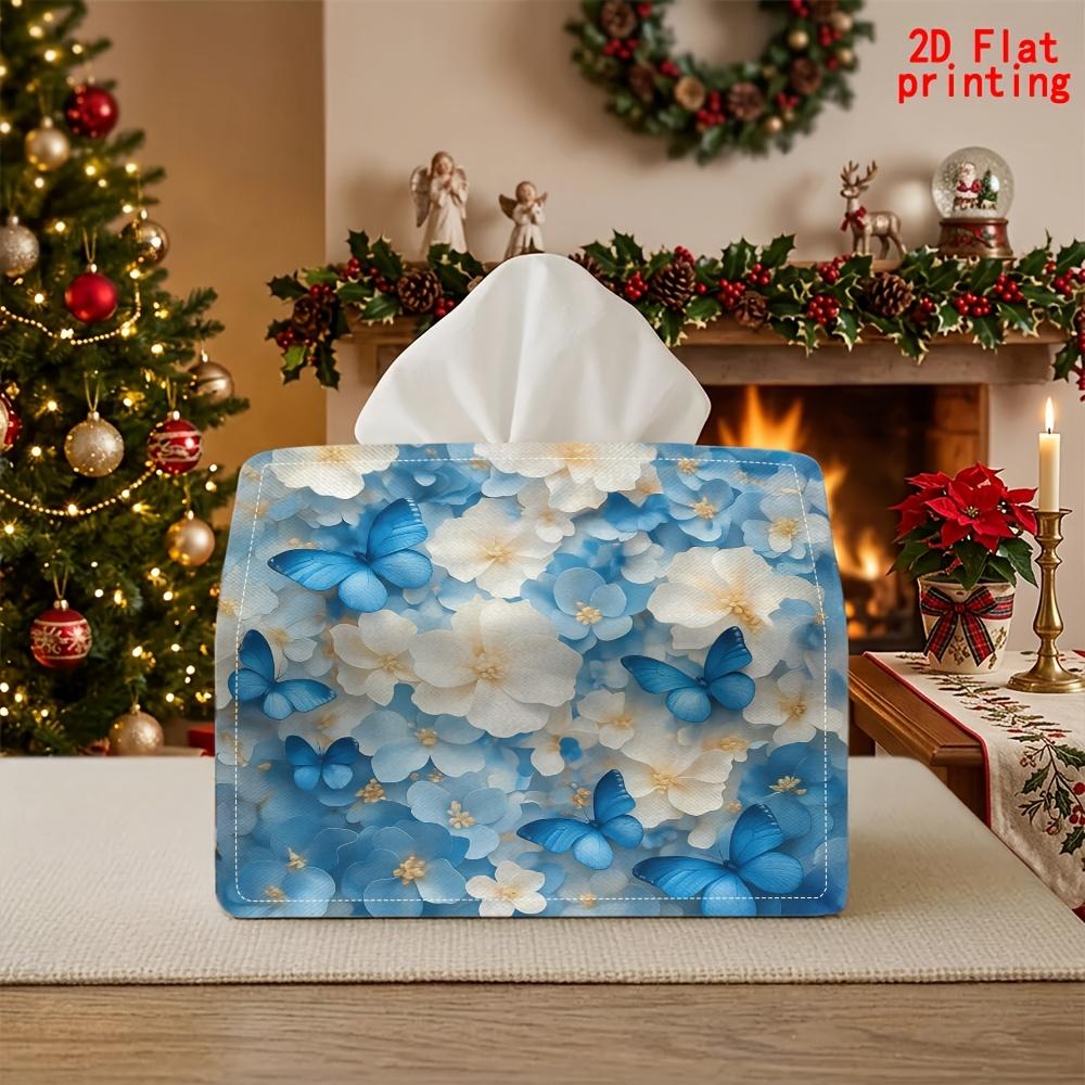 2D Flat 1pc, Tissue Box. Blue Butterfly and White Flower Pattern Tissue Dispenser, Reusable, Daily Desktop Tissue Storage Box, Suitable for Kitchen, L