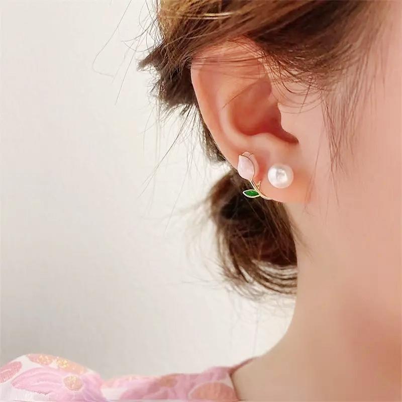 Серьги-гвоздики Huitan Sweet Pink Rose с имитацией жемчуга для женщин, новые изысканные серьги для девочек, подарочные украшения
