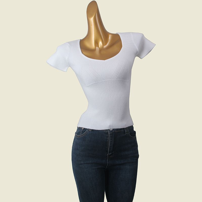 British Brand Water Drop Square Collar 2024 New Arrival Silm Short Sleeve Knitwear T-shirt Tops Female Foreign Trade Women's Clothing