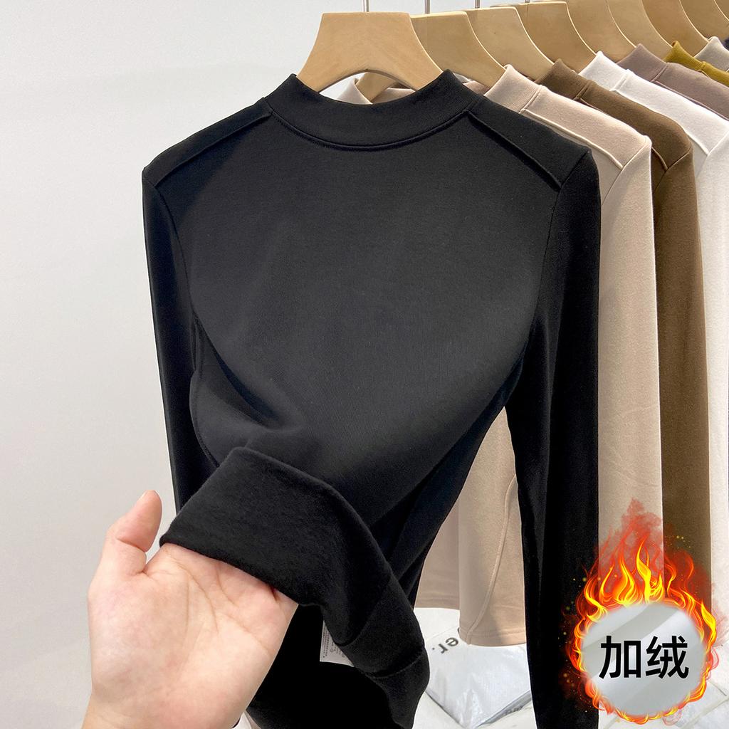 Флисовая полированная футболка с маленьким воротником-стойкой для женщин, весенняя, спереди «рыбья кость», плечо слим-фит, с длинным рукавом, футболка с топом внутри