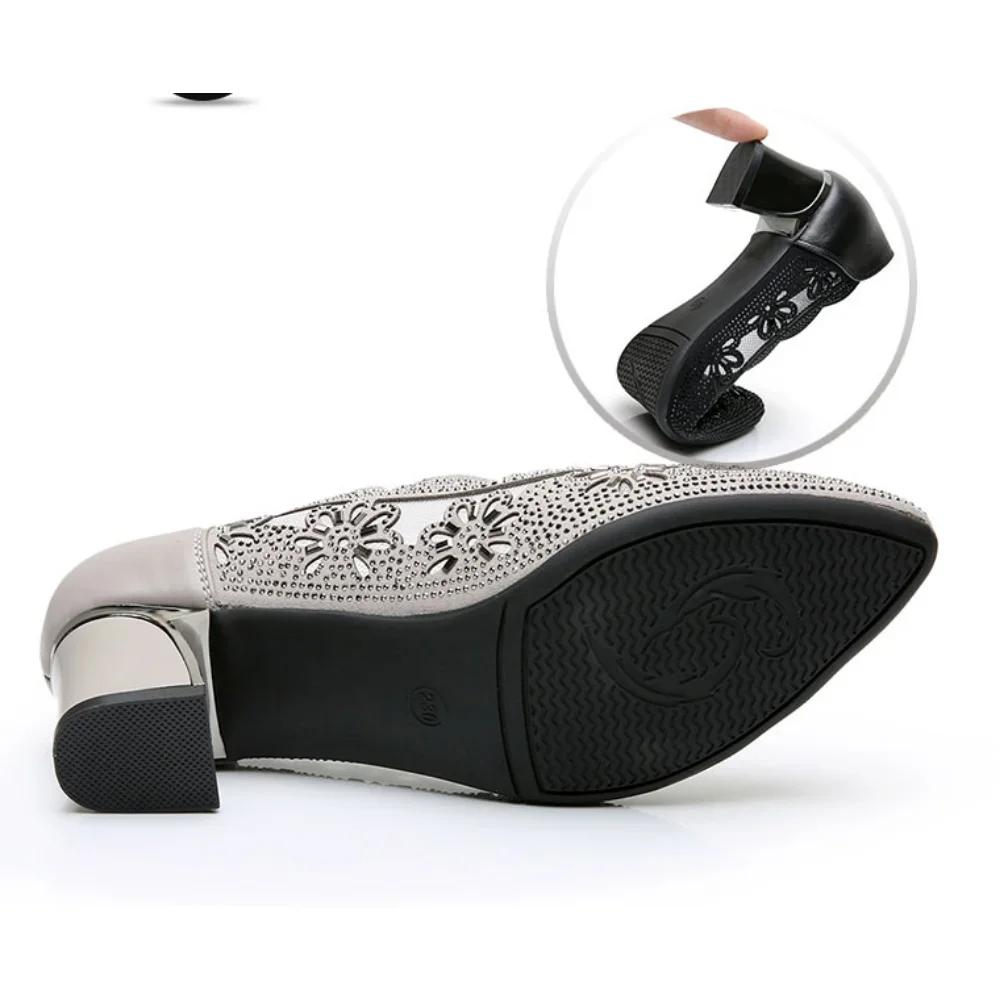 Модные туфли-лодочки из натуральной кожи с вырезом, женские туфли на среднем каблуке с квадратным ромбовидным узором, женские офисные туфли с кристаллами