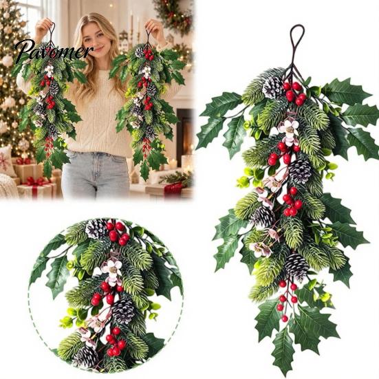 Artificial Christmas Greenery Teardrop Swag, Holly Leaves Swag Wreath with Pinecones Holiday Door Decoration Berries for Front Door, Cabinet,