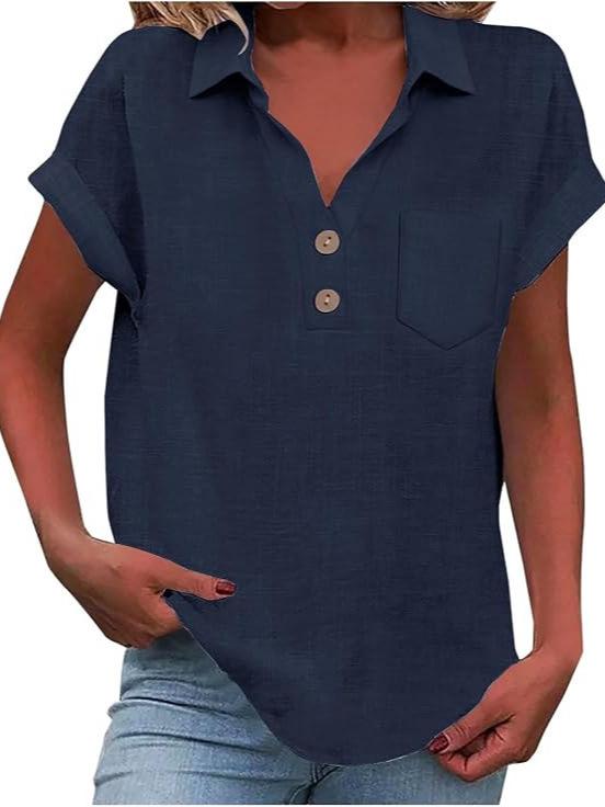Европейская женская хлопково-льняная рубашка с коротким рукавом, отложным воротником и пуговицами