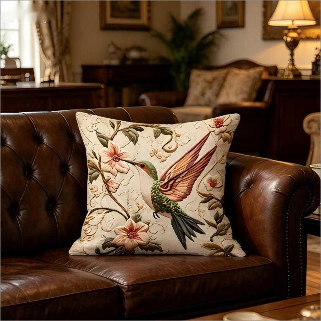 Hummingbird Floral Pillow Cover 2D Print Cushion Case Boho Vintage Home Decor Gift