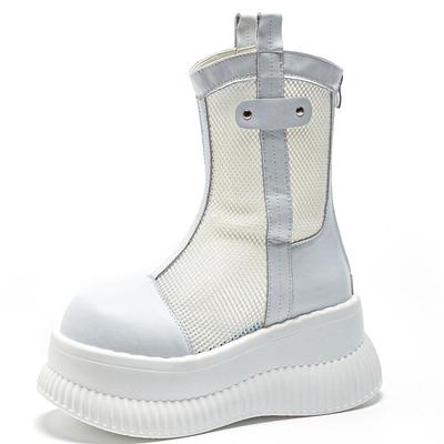 Модные 8 см Ботинки из натуральной кожи с сеткой, женские туфли-лодочки, летние мотоциклетные ботинки-чулки, ажурные ботильоны на щиколотке на молнии, модная обувь