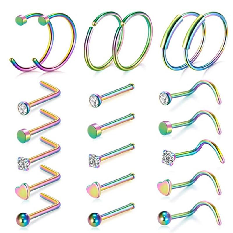 Хороший Горячий Набор Нострил из Нержавеющей Стали Новая Мода Пирсинг Носа Ювелирные Изделия Набор 5 Шт./21 Шт. Квадратный Круглый Сердце