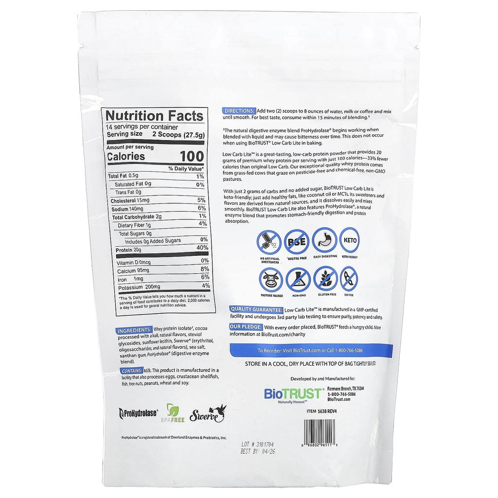 Низкоуглеводный Lite™, Премиальный сывороточный протеин от коров травяного откорма, Шоколадное мороженое, 385 г (13.5 унций)