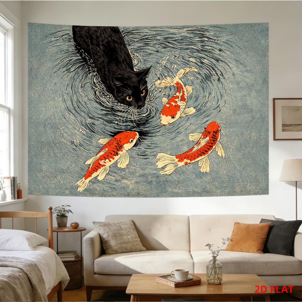 Двумерный плоский кот и карп кои, Гобелен, Черный кот, Золотая рыбка, Водный дизайн, Настенное панно для гостиной, офиса, медитации, вечеринки, Декор