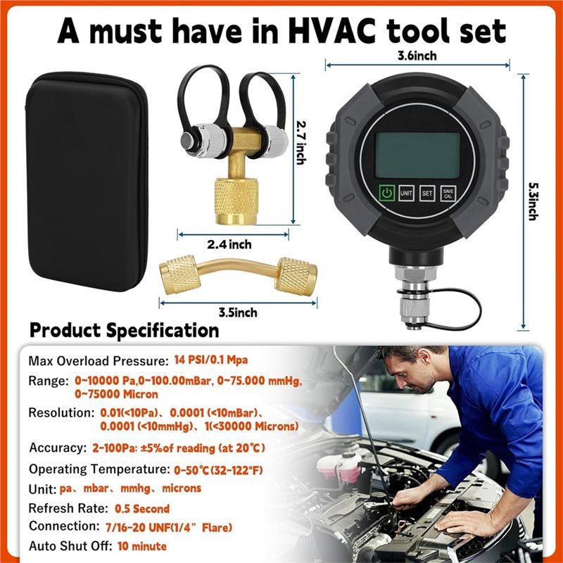 Цифровой вакуумметр A74E-Pro, Тестер давления HVAC с сигнализацией, Микронный манометр HVAC 0-75 000 микрон, 7/16-20 UNF, 1/4 дюйма SAE
