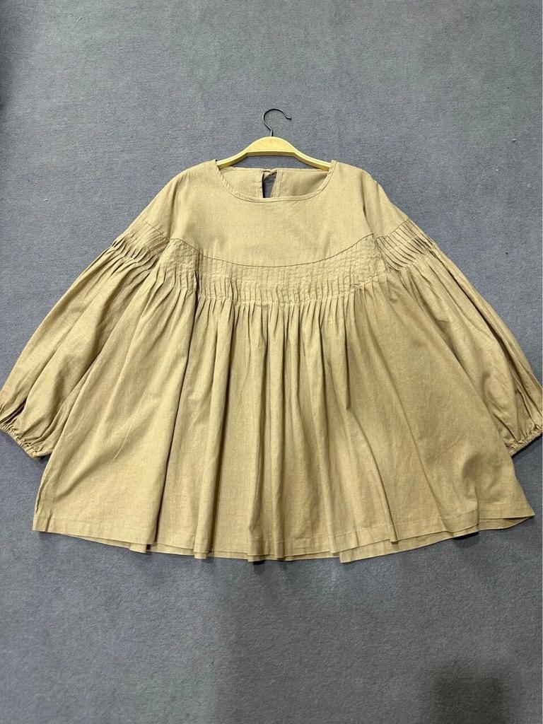 Johnature Autumn Women Clothing Casual Tops Vintage Cotton Linen Loose Pleated Loose Shirts