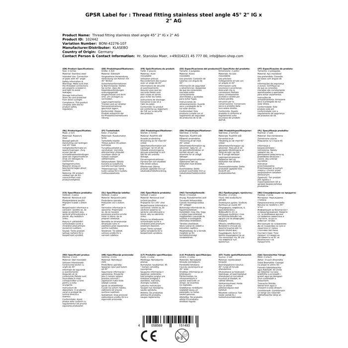 Raccord Coudé Inox 45 Degrés 2 Pouces Fileté