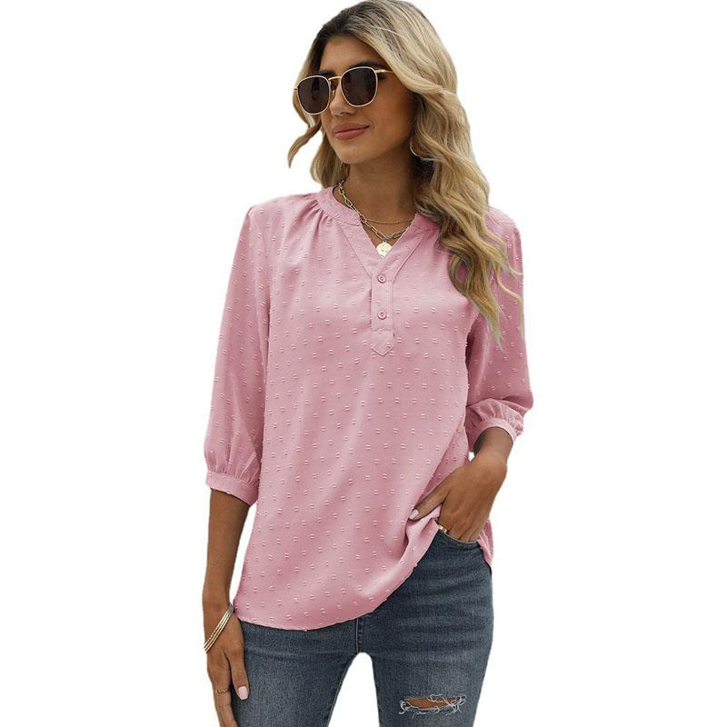 Весенне-летняя женская футболка с воротником-стойкой, рубашка со средними рукавами, жаккардовая повседневная блузка с комочком волос, свободный топ, рубашка