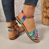 Plus Size Flat Sandals Spring Summer New Round Toe Open Toe Colorful Flower Studded Soft Sole Non-Slip Roman Shoes