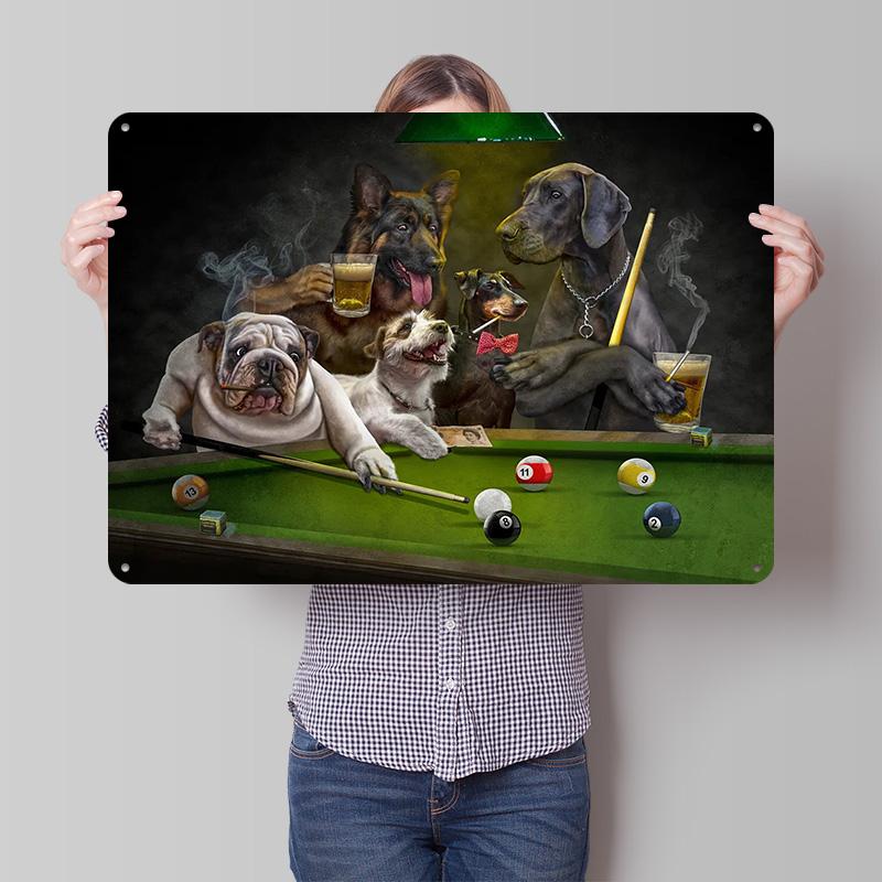 Funny Dog Playing Billiar Personalized D Textured Metal Poster Wall Art Tinplate Sign for Desk Decor Room Bedroom Decoration