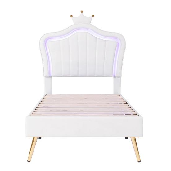 Bed Children Upholstered 90 x 200cm Frame for Girls White Crown Double Made of Faux Leather with LED Lights Slatted And Backrest (Mattress