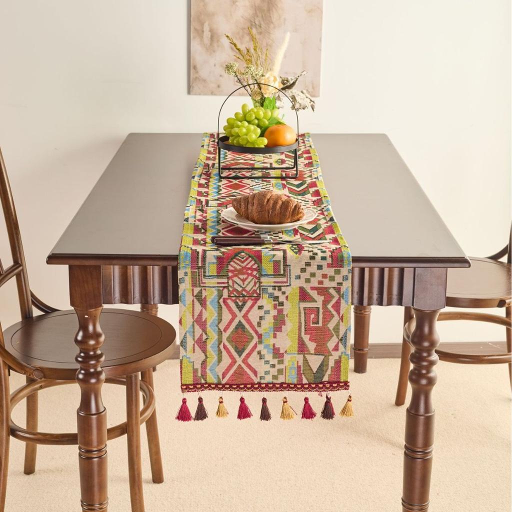 Table Flag Red Jacquard Tea Flag Fringed Ethnic Style Geometric Tv Cabinet Coffee Table Long Cover Decoration