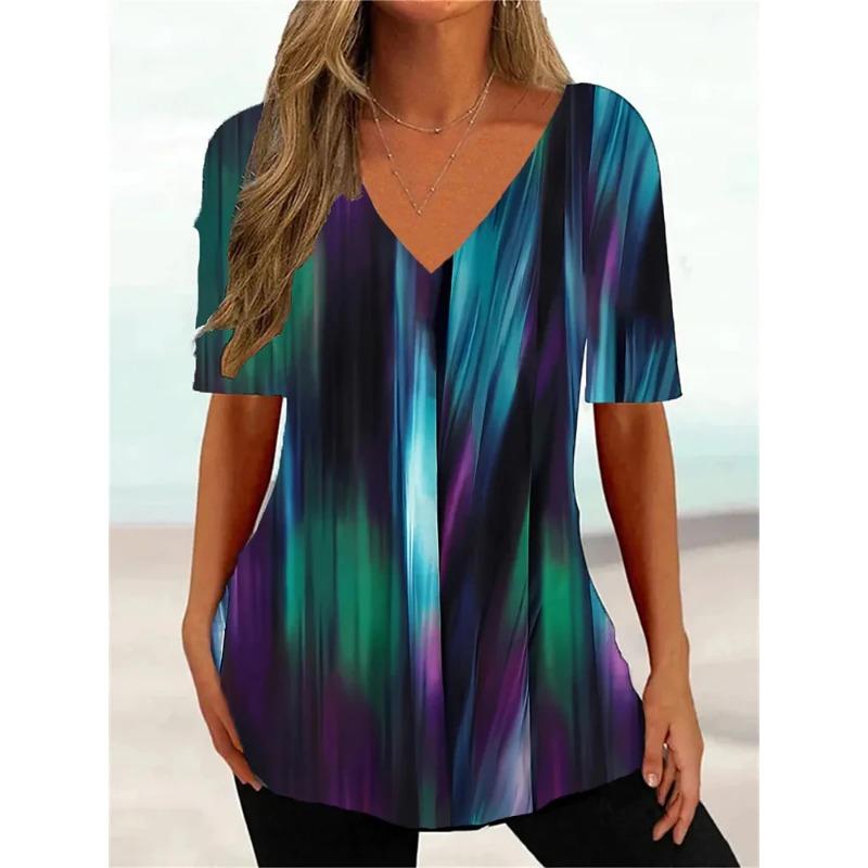 Plus Size Simple Women's T-shirt 3d Wave Curve Tee Fashion V-neck Summer Short Sleeve Loose Streetwear Female Clothes Casual Tshirt Ladies