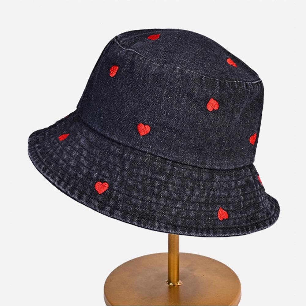 Love Heart Embroidery Denim Fisherman Hat Versatile Sun Protection Hat Fashion Bucket Hat Women