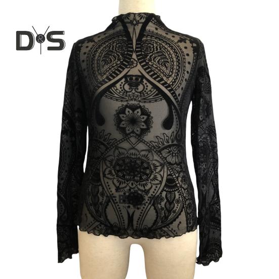 Женские топы с круглым вырезом и длинным рукавом, облегающие, весна-осень, пуловеры, топы, прозрачные, с геометрическим узором, кружевные, цветочные, сетчатые футболки