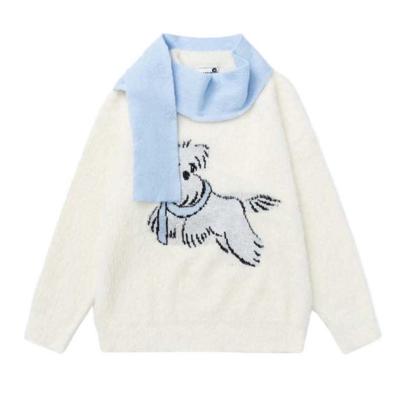 Korean Style Cartoon Dog Jacquard Sweater Soft Faux Mink Knit Top Loose Fit Teens Daily Wear