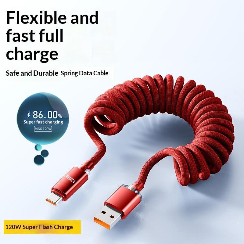 120 Вт Автомобильный Type C на USB C Быстрая Зарядка для Телефона USB A на Type C Пружинный Телескопический Кабель для Автомобильного Путешествия Офисного Использования