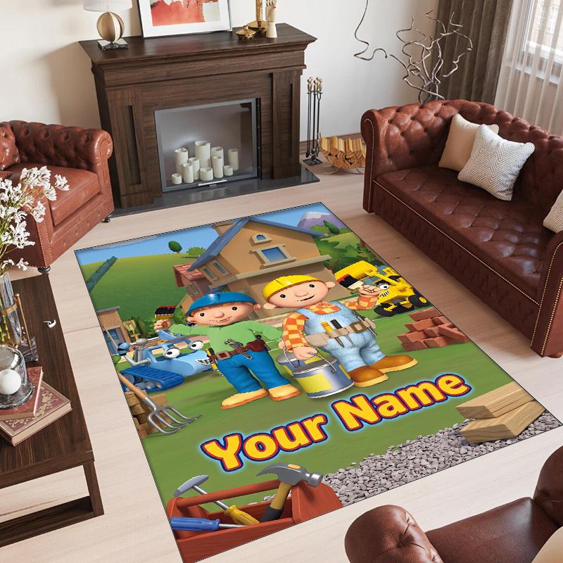 Personalized Crystal Velvet Carpet Custom Name Text,Bob the Builder Anti Slip Area Rug For Home Decoration