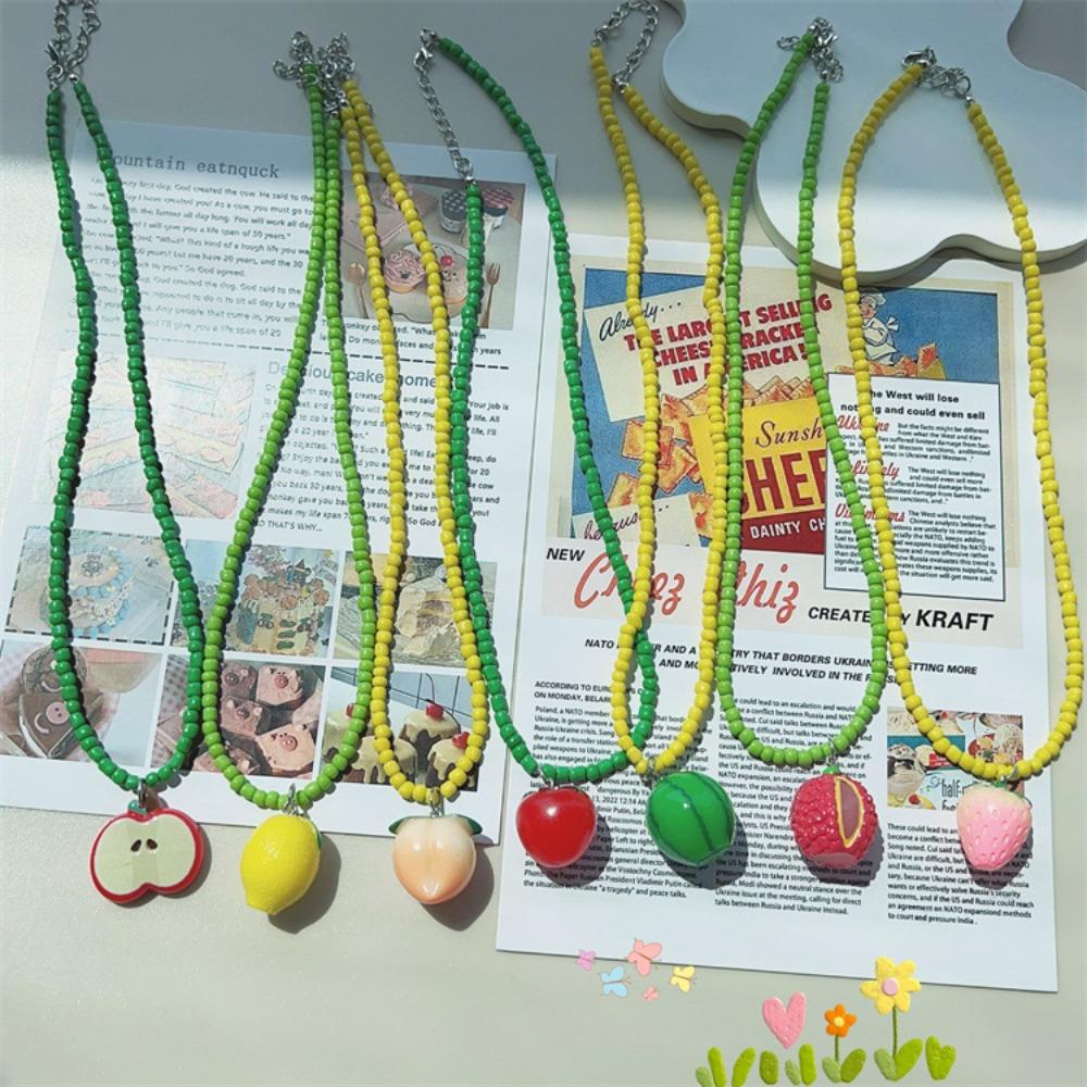 Apple Strawberry Lemon Bead Necklace Fresh Fruit Party Choker Fruits Pendant Necklace Women Girls