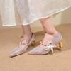Fashion New One-line with Pointed Toe Shallow Single Shoes Feminine Pearl Bow Non-tiring Feet Non-slip Block Heel High Heels