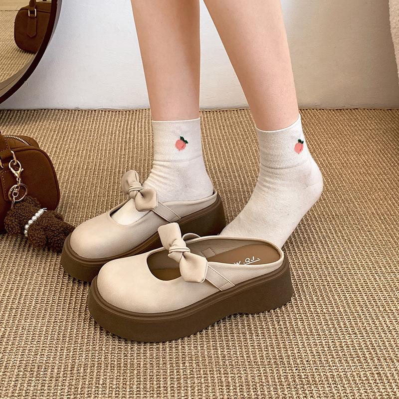 Тапочки-мешки с толстой подошвой и бантом в стиле ретро для женщин, летняя одежда 2025 года, новые полутапочки Мэри Джейн с одной педалью