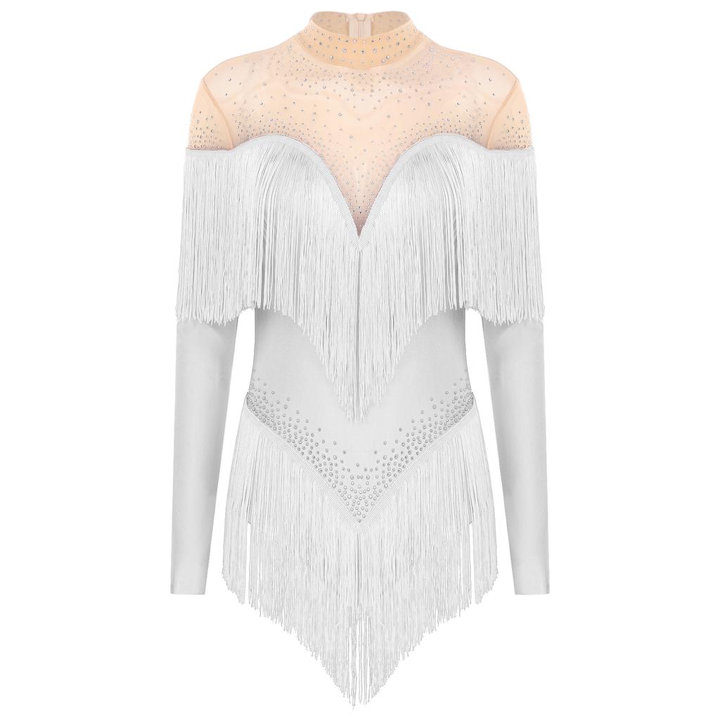 Женский латинский купальник с бахромой, воротником-стойкой, сетчатыми длинными рукавами, блестящими стразами, боди с бахромой