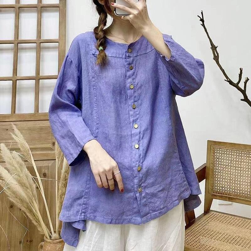 Johnature Винтажные льняные женские рубашки нестандартной формы, летние однобортные однотонные свободные блузки с рукавами три четверти