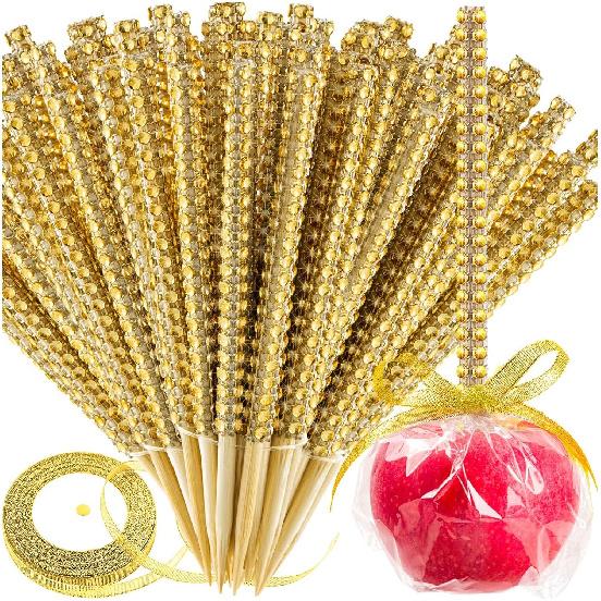 Silver Candy Apple Sticks, 26Pcs Bling Caramel Apple Wooden Pointed Skewers, Fruit Treats Cake Pop Decorative Sticks with Glass Bag Glitter Ribbons