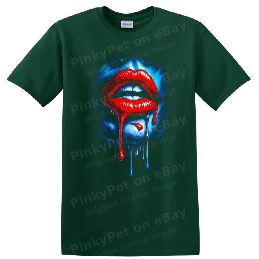 Lips Dripping Red Blue Urban Streetwear T Shirt Graphic Tee Fashion Art