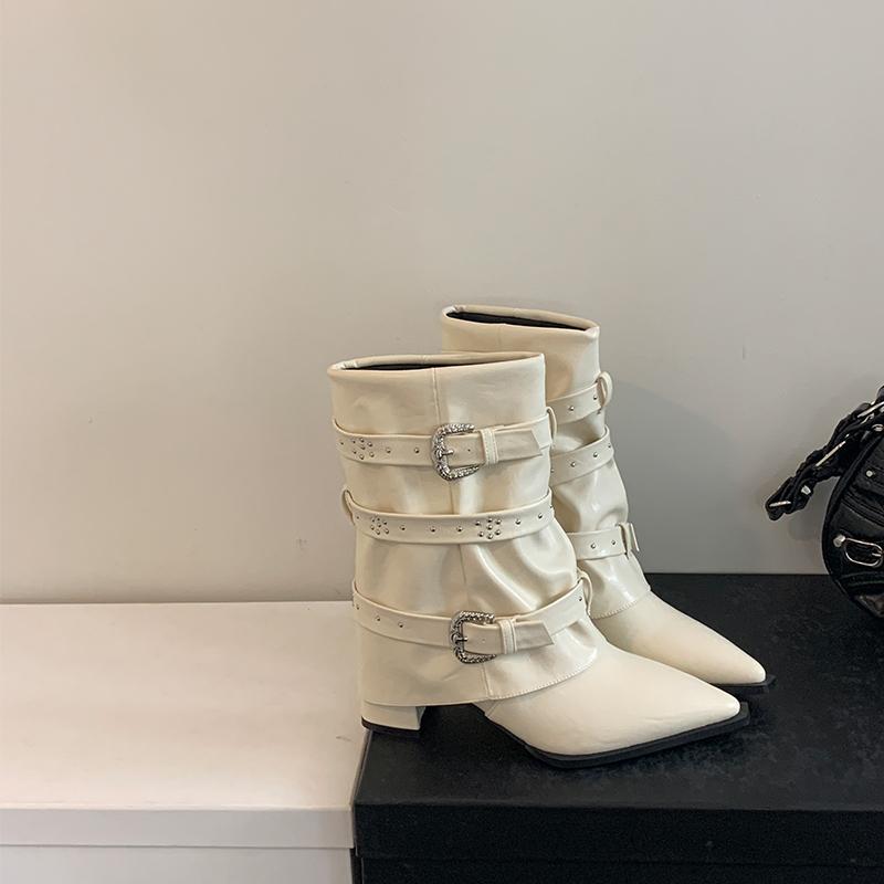 New Style Women's Pointed Punk Style Belt Buckle Pullback Short Boots European and American Sexy Nightclub Banquet Boots