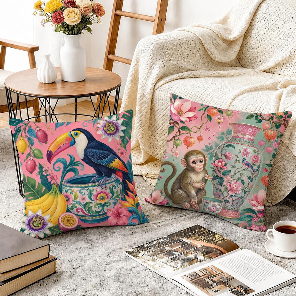 Chinoiserie Monkey Holding Blue Umbrell Cushion Cover Durable Hypoallergenic Organic Linen Pillow Cover Washable SkinFriendly