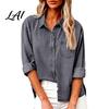Long Sleeve Tops Women Denim Shirt Lapel Casual Coat Button Relaxed Fit Shirt Down Loose Tops Solid Color Autumn Coat Travel Clothing