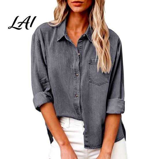 Long Sleeve Tops Women Denim Shirt Lapel Casual Coat Button Relaxed Fit Shirt Down Loose Tops Solid Color Autumn Coat Travel Clothing