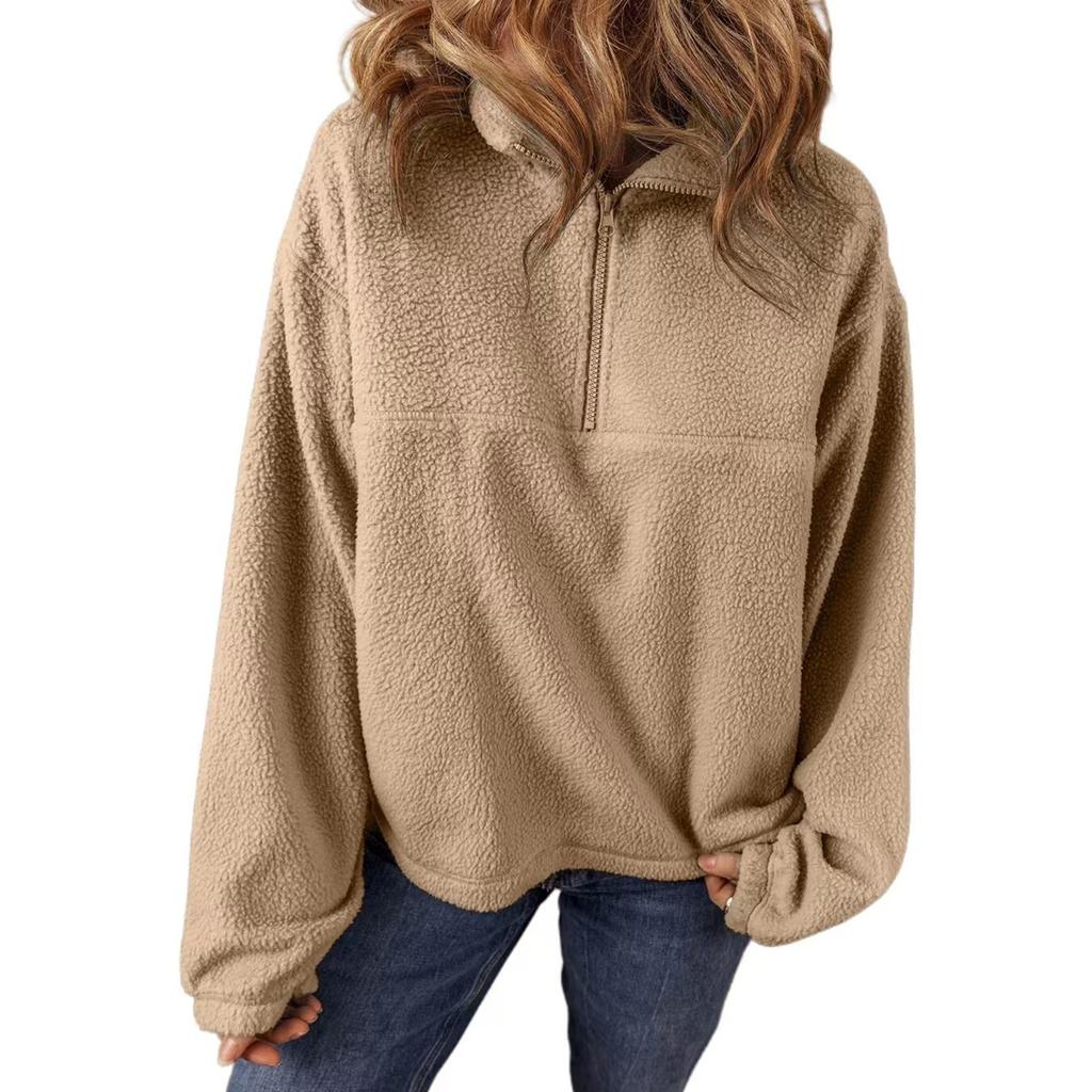 Женская мода повседневная свободная однотонная плюшевая кофта с длинным рукавом и застежкой-молнией на половину шеи