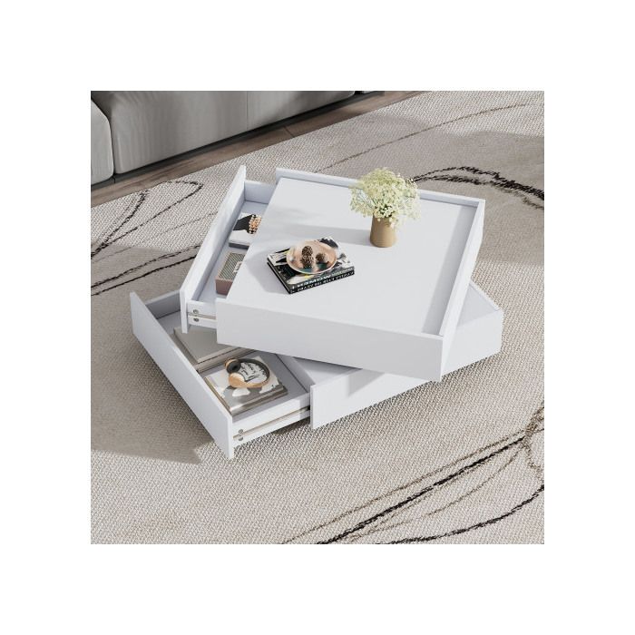 Table basse - MUVOE - Plateau pivotant 360° - 2 étagères - Blanc pur - Design élégant