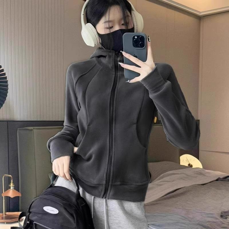 Осень Зима Однотонный Повседневный Модный Свитшот на Молнии Женский Бархатный Простой Универсальный Кардиган Пальто Топ