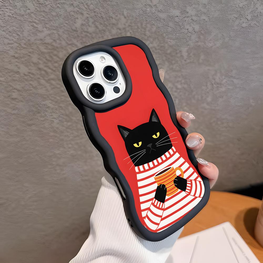 Милый Кофе-Кот Волнистый Край ТПУ Чехол для Мобильного Телефона для iPhone 17 16 15 14 13 12 11 Air Pro Max Plus Цветной Чехол
