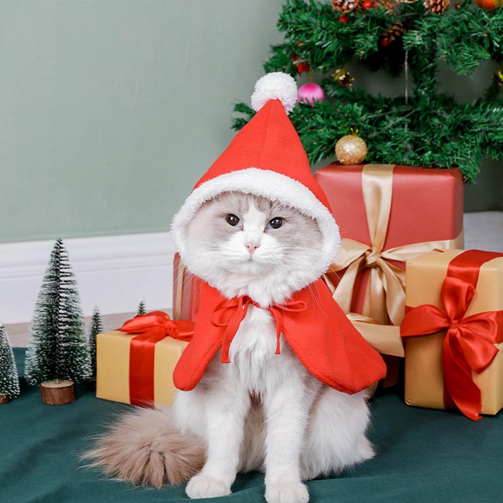 Рождественский костюм для кошки Накидка с капюшоном для питомца с помпонами Накидка для щенка Костюм кошки Рождественская накидка для питомцев для кошек маленьких собак
