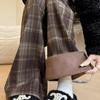 Women's Retro Woolen Colorblock Plaid Fleece Pants - Petite 145-150 Size, Autumn/Winter Casual Wide-Leg Cotton Pants