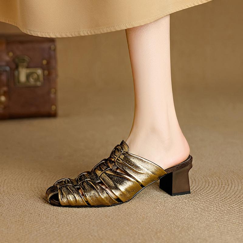 Мода 2025 Лето Новая Натуральная Кожа Ретро Полу-драг Мюли Женские Женские Высокий Каблук Квадратный Носок Повседневная Обувь Женские Шлепанцы