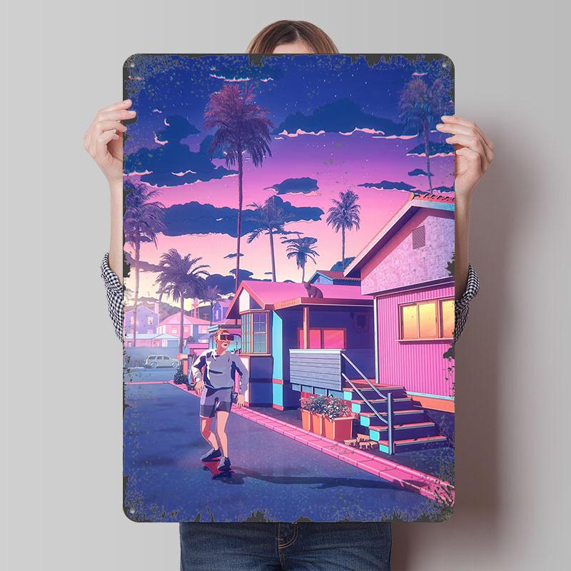 Retro Skateboarding Sunset Tin Plaque Poster Customized Wall Art Retro Vintage Metal Signs for Man Cave Decoration Room Decor