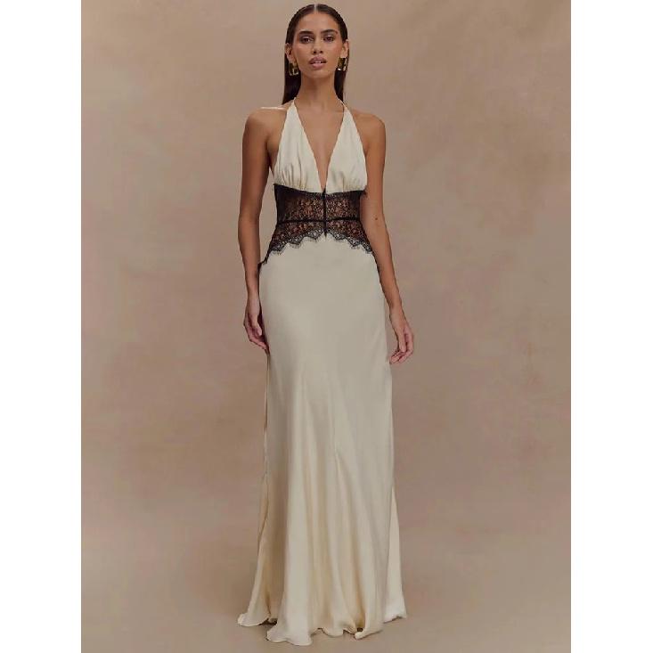 Summer Backless Sexy Maxi Dress Women Gown Patchwork Lace Halter Deep V Neck Sleeveless High Waist Elegant Long Dress