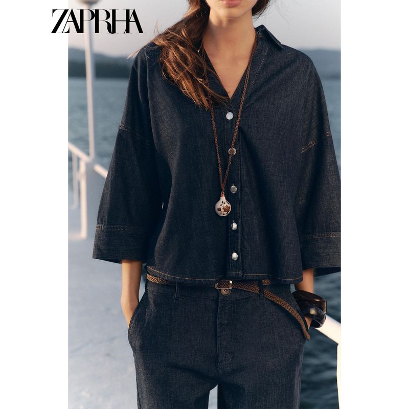 Zaprha 2025 Summer New Women clothes Fashion Popular Lapel V-neck Wide Sleeve Demin shirt 7484152